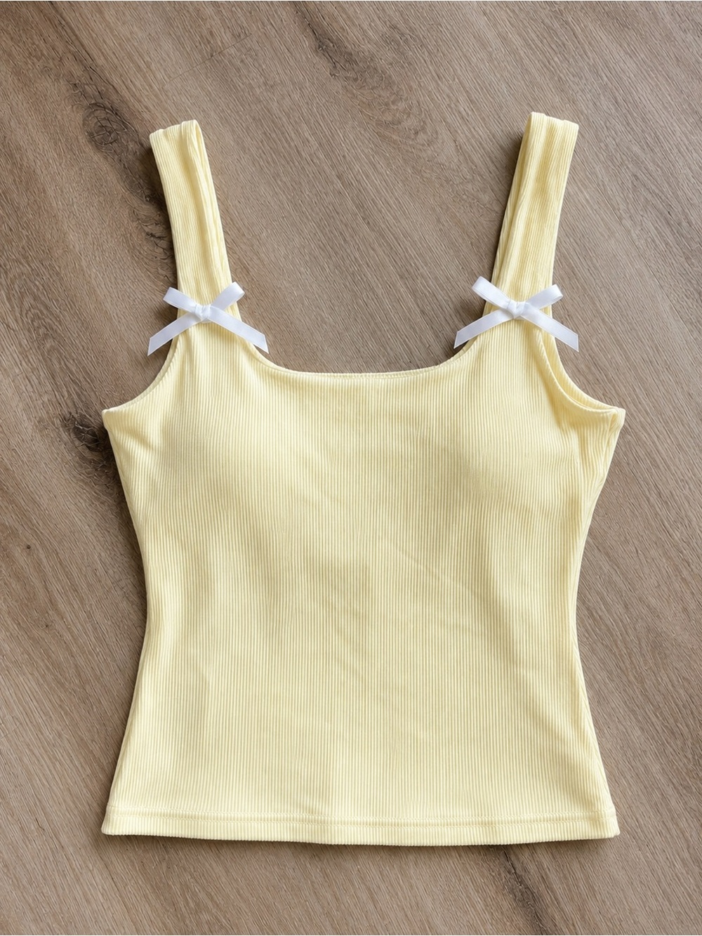 Edikted Pale Yellow Ribbed Tank with White Bow Straps